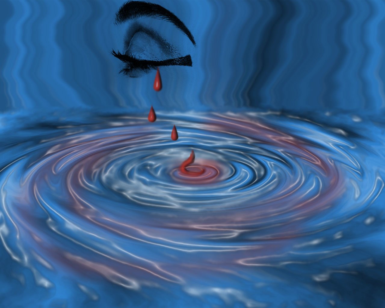 An artistic depiction of an eye above a swirling pool of water, with a single tear falling and creating ripples, blending shades of blue and hints of red.