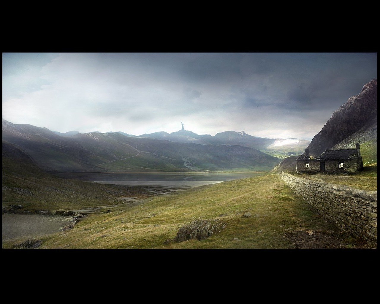 A serene landscape featuring a man-made ruin along a winding path, surrounded by lush greenery and mountains under a dramatic sky, evoking a sense of history and tranquility.