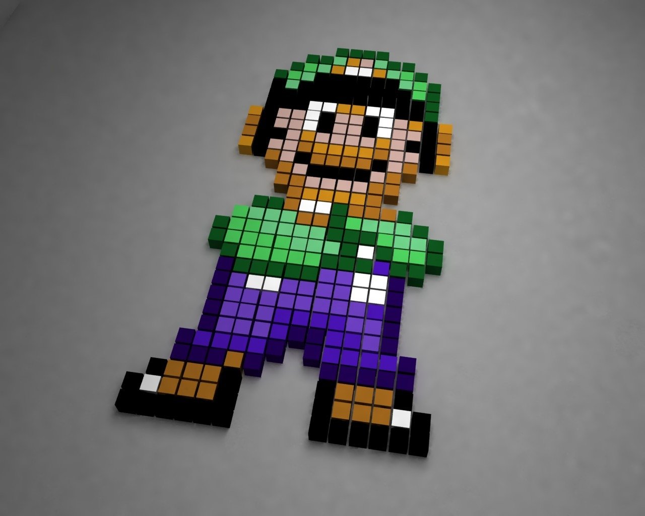 Pixel art representation of Luigi from the video game Super Mario World, featuring vibrant colors and classic design elements of the beloved character.
