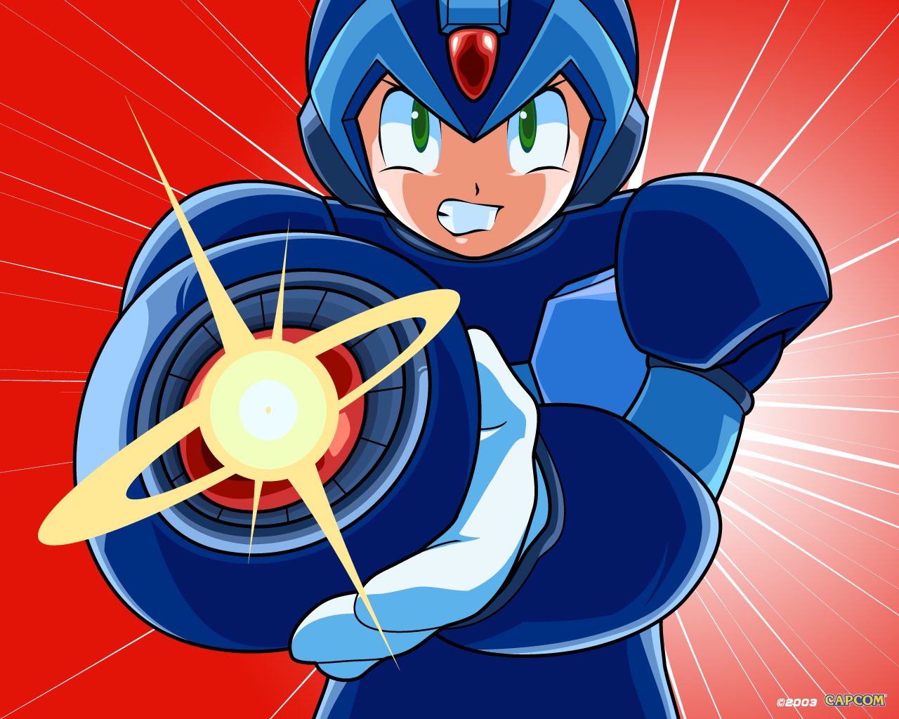 A vibrant illustration of Mega Man X from the video game series, showcasing him with a determined expression and his powerful arm cannon ready to fire against a dynamic red background.