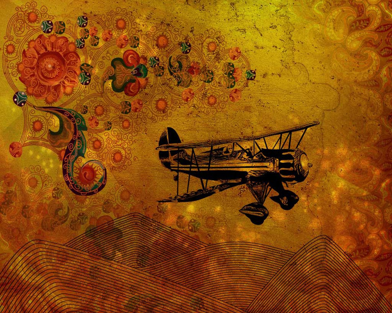 A vibrant, artistic vector illustration featuring a vintage biplane soaring over a richly textured golden landscape adorned with intricate floral and swirl patterns.