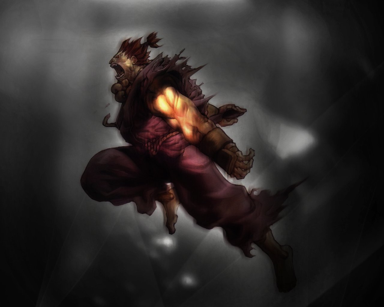 A dynamic illustration of a powerful character from the video game Street Fighter, captured mid-jump with intense energy and dramatic lighting in a dark, atmospheric background.