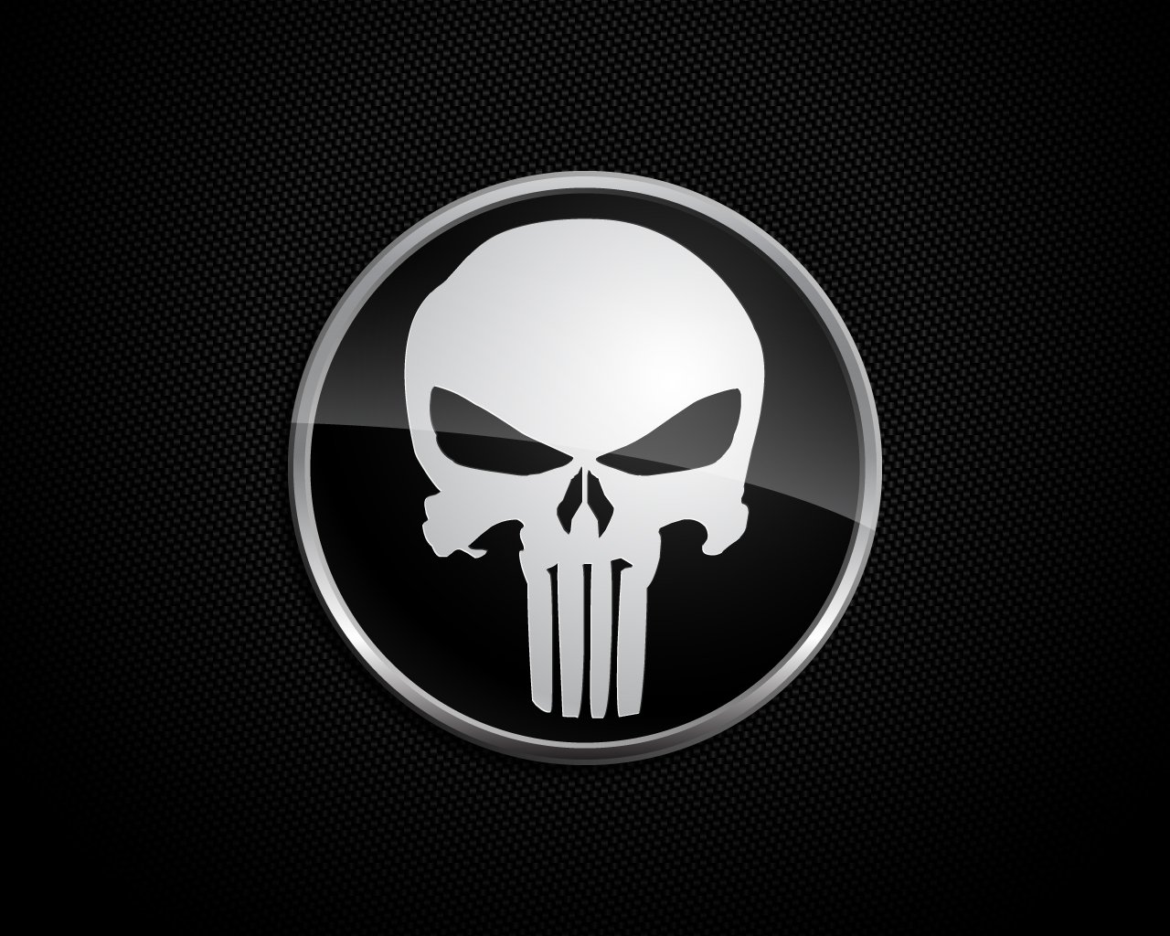 A striking black and white emblem featuring the iconic skull symbol from the Punisher comic, set against a textured black background.