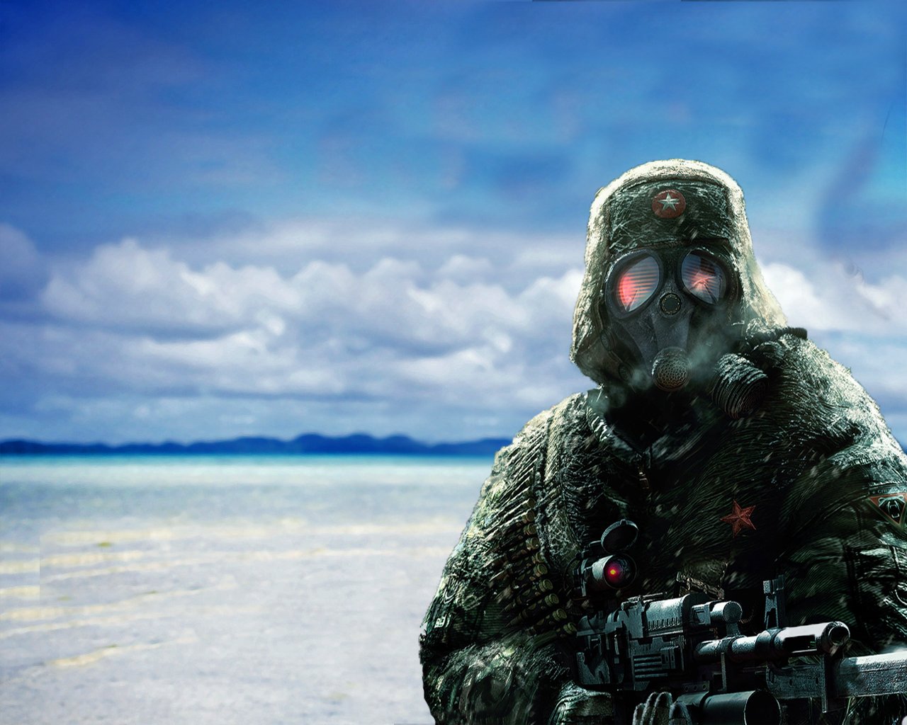 A military figure wearing a gas mask stands in a desolate landscape, surrounded by clouds and distant mountains, exuding a sense of enduring resilience and readiness.