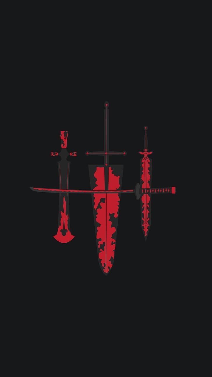 Three stylized red and black swords from the anime Black Clover on a dark background.