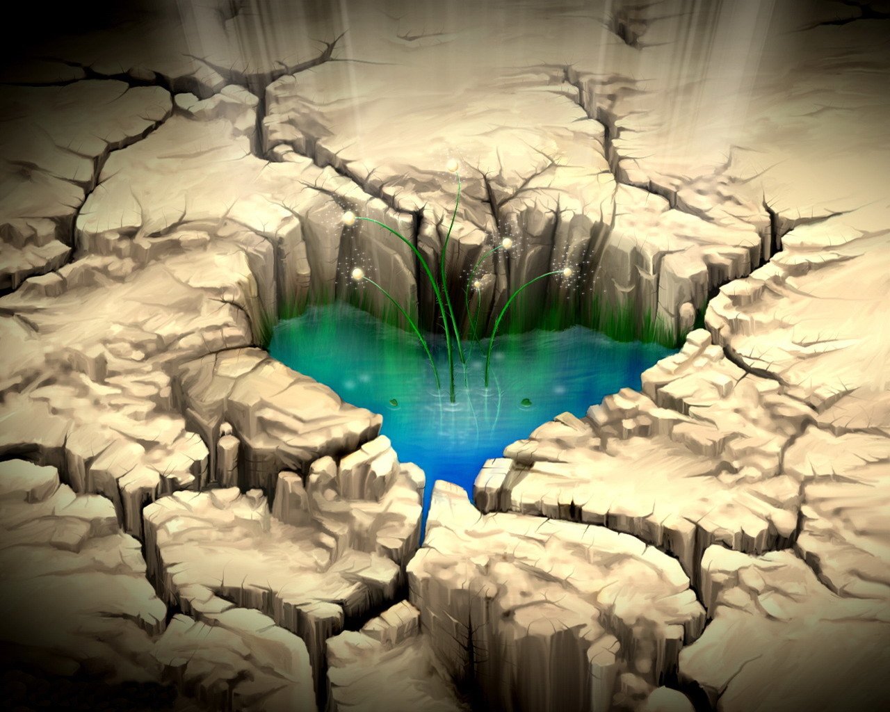 A vibrant heart-shaped oasis emerges from cracked earth, surrounded by dry terrain, symbolizing resilience and hope in an artistic representation of nature's contrast.