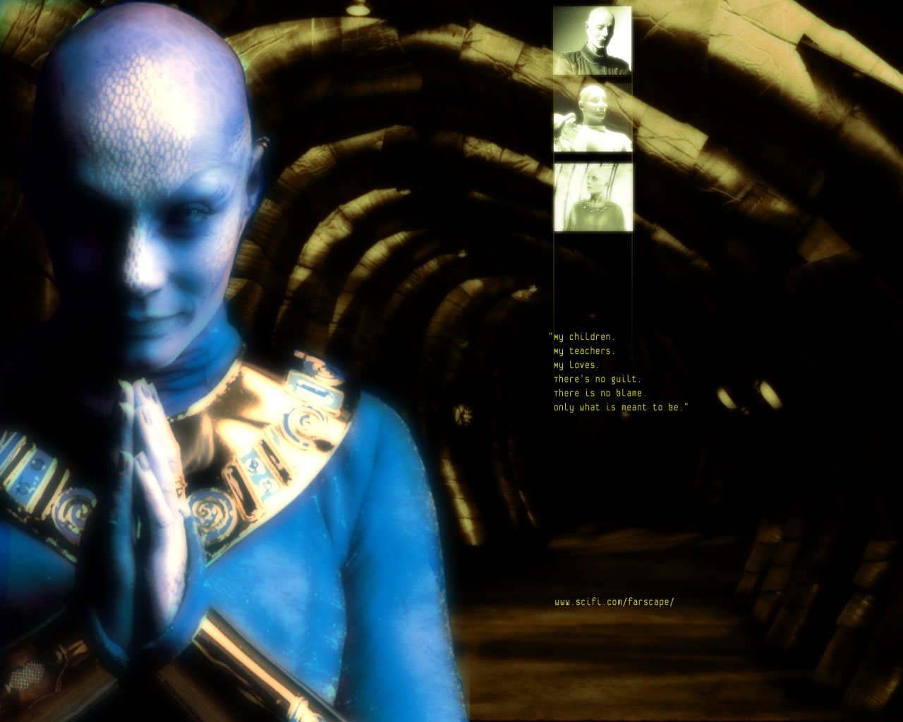 Blue-skinned alien clasping hands in a dim arched tunnel, with three small portraits and cryptic text — promotional image for TV show Farscape: The Peacekeeper Wars.