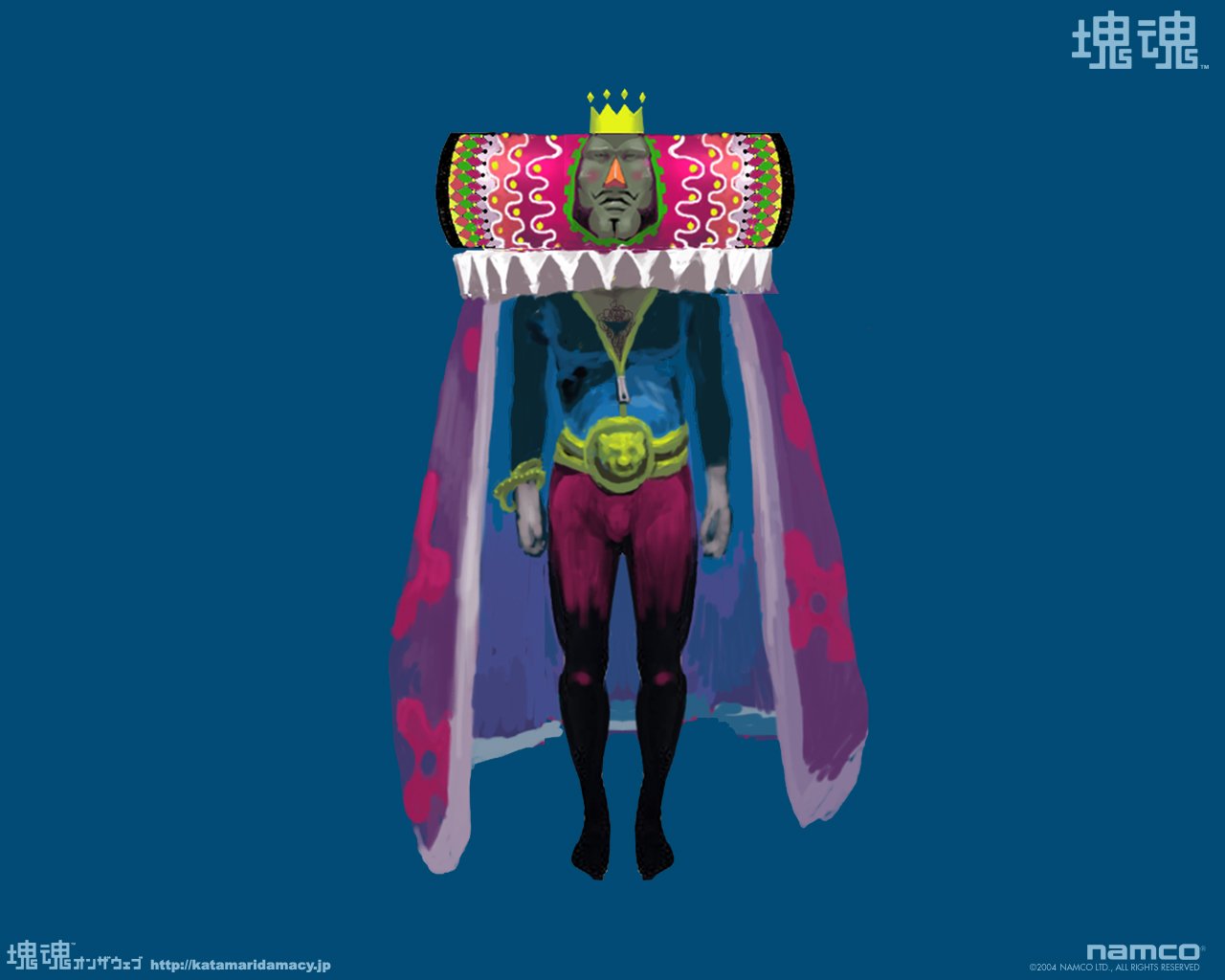 Crowned King of All Cosmos from the video game Katamari Damacy: tall figure with a patterned cylindrical headpiece, flowing cape, jeweled belt and purple tights on a blue background.