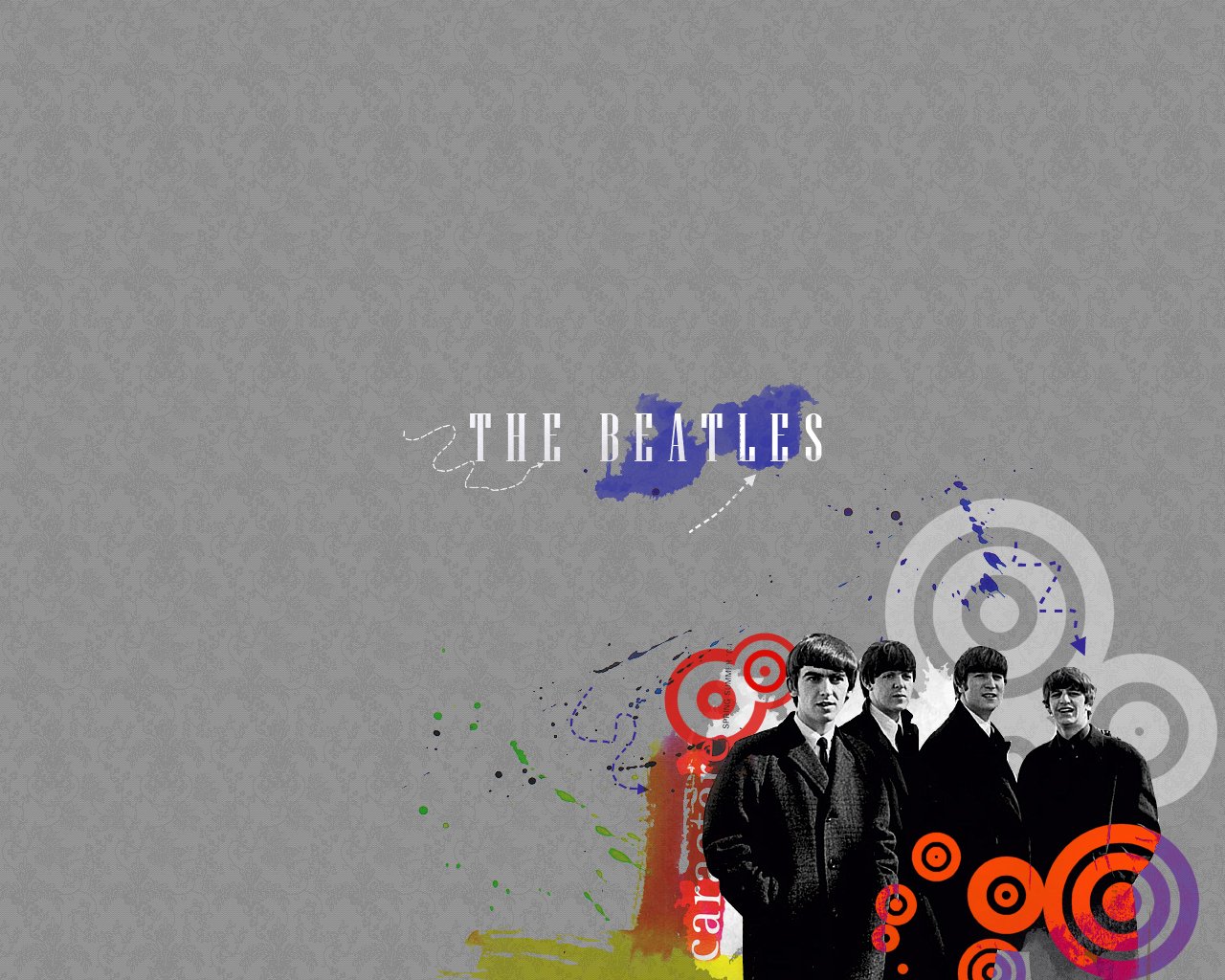 A graphic featuring The Beatles, showcasing the iconic band against a textured gray background, complemented by colorful shapes and artistic designs.