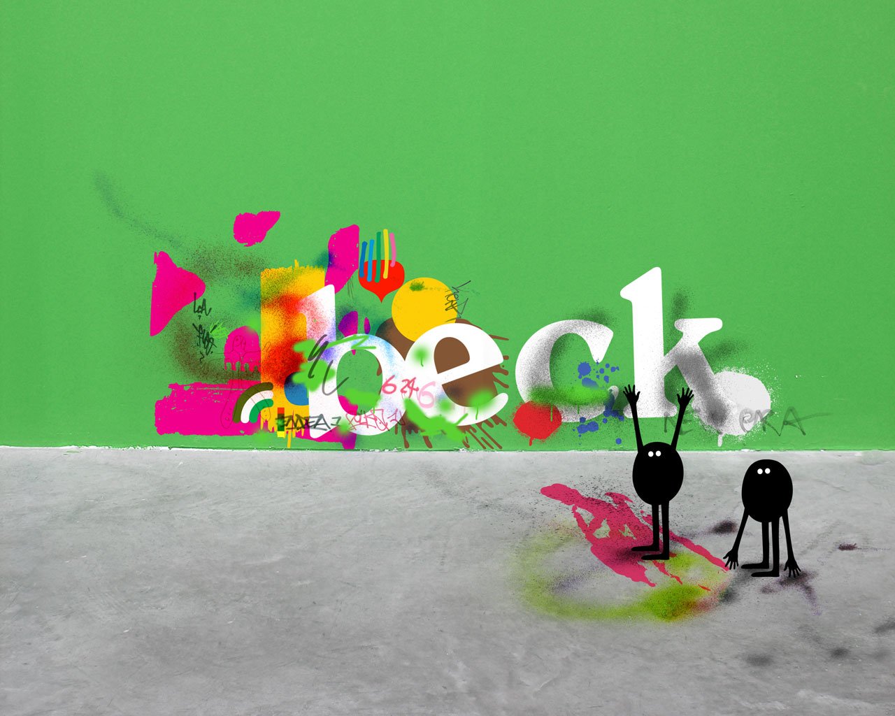 An artistic composition featuring playful black figures standing before vibrant splashes of color and the word beck against a bold green background.