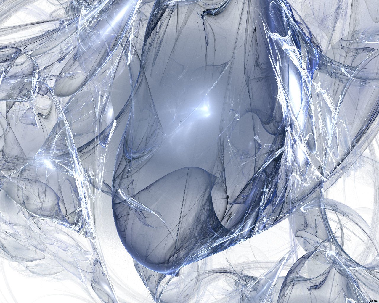 An abstract composition in white, featuring fluid, translucent shapes that convey a sense of depth and movement with soft light reflections throughout.