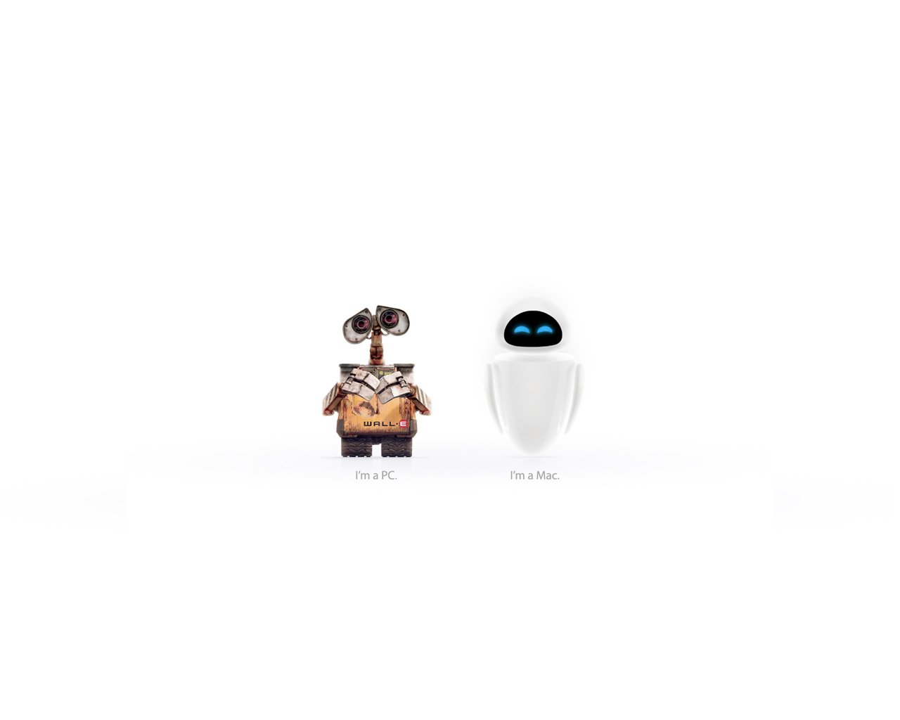 A scene featuring Wall·E and Eve from the movie Wall·E, showcasing the charming robot Wall·E on the left and the sleek, futuristic Eve on the right.