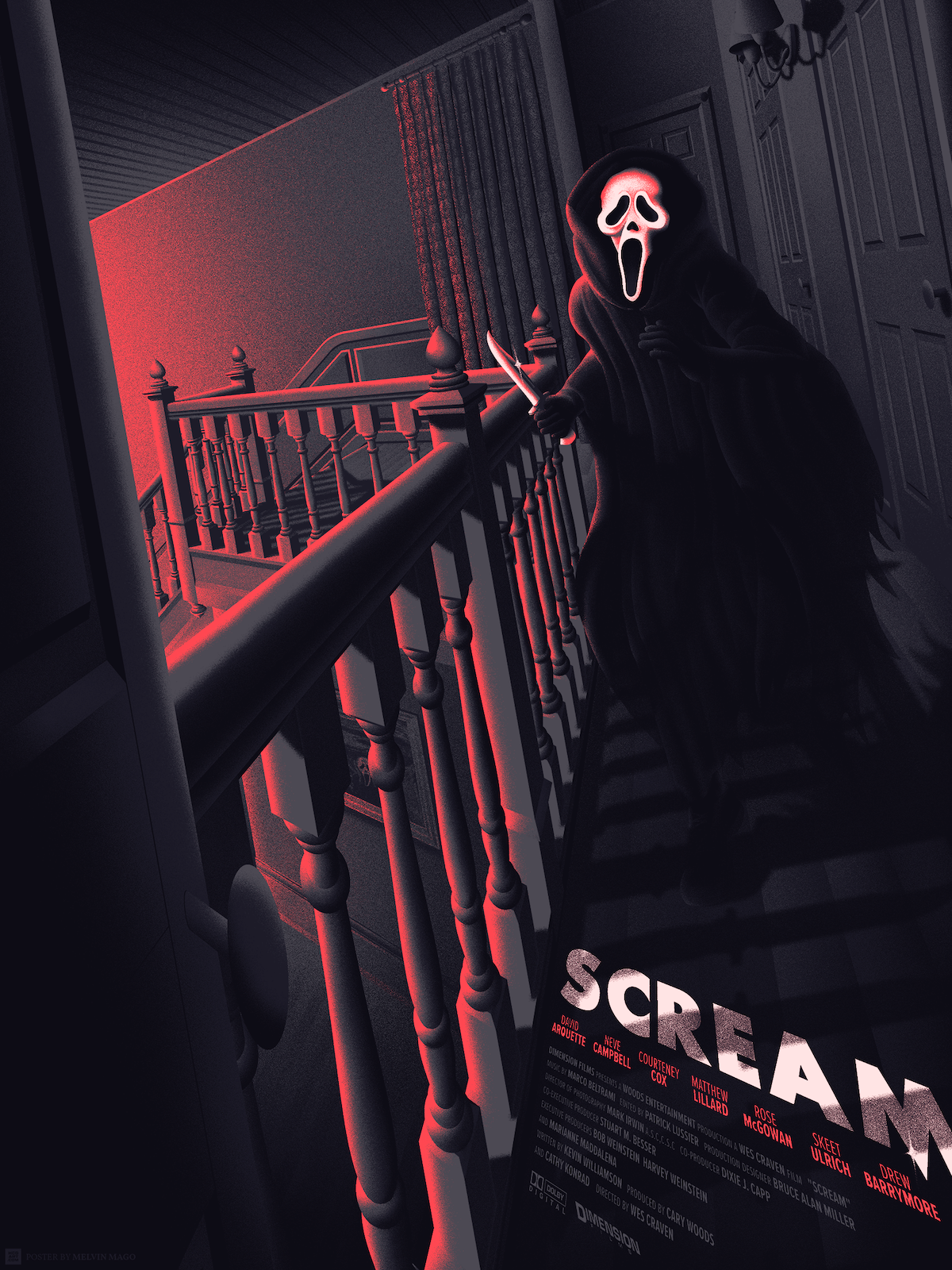 Ghostface in robe holding a knife on a dim, red-lit staircase; poster-style image with the Scream title — Scream (Movie)