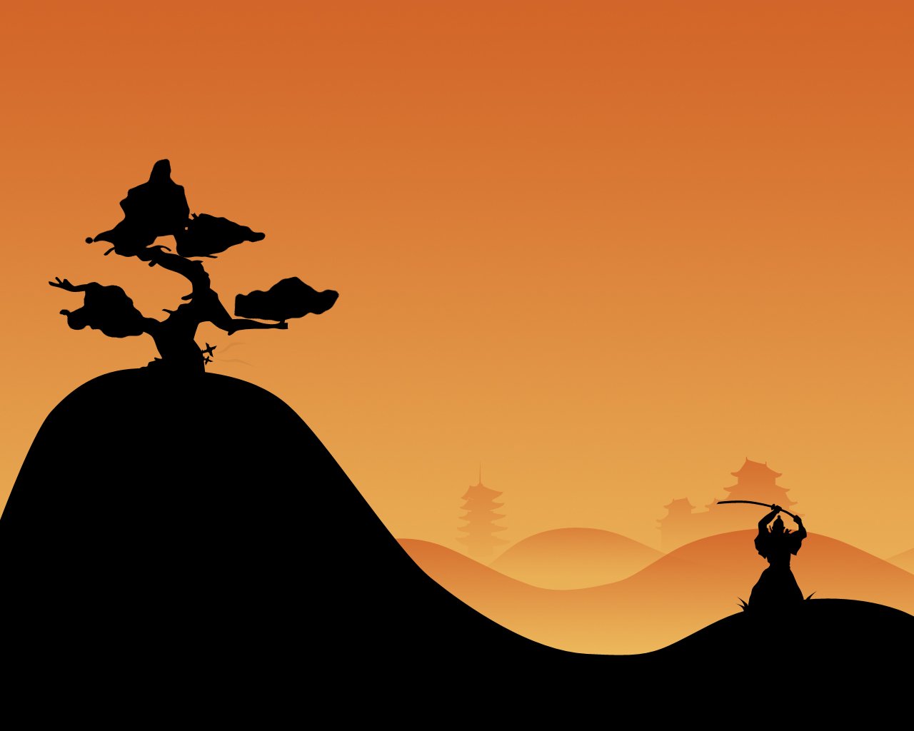 A striking artistic vector illustration features a silhouetted warrior with a sword on a hillside, framed by a stylized tree and serene layered mountains under an orange sunset.