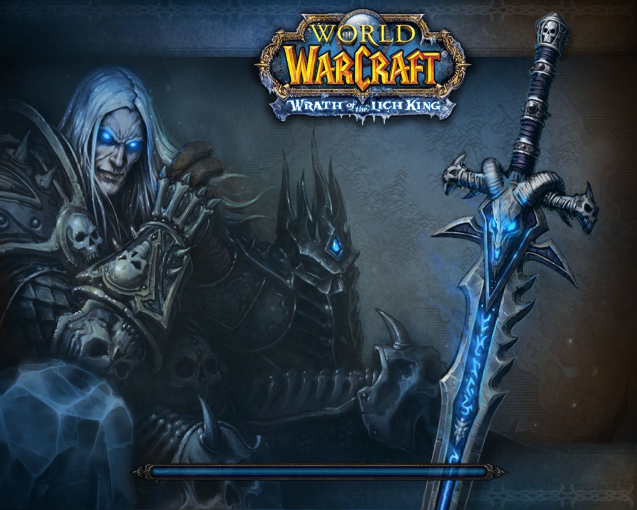 Loading screen from the video game World of Warcraft: Wrath of the Lich King featuring the Lich King character and his glowing blue sword.