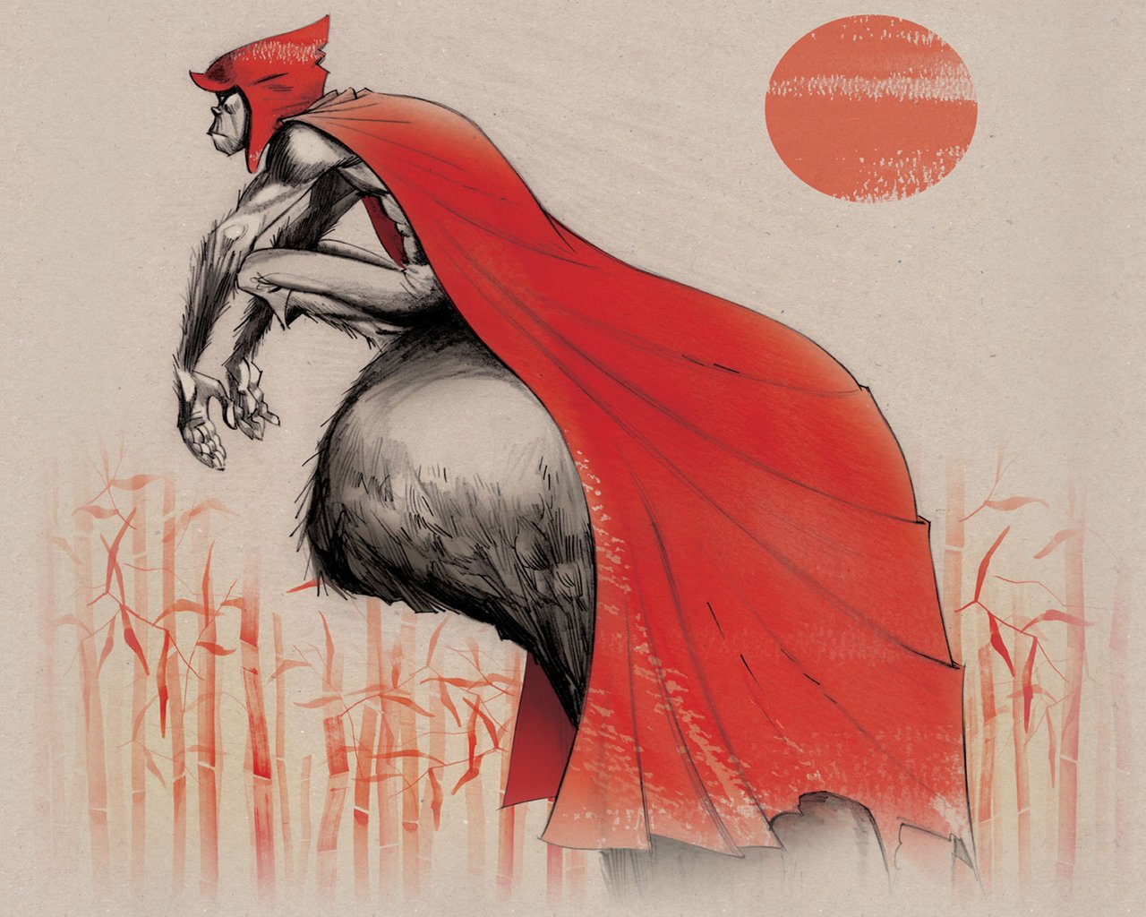 A fantasy creature with a red cape and hood crouches atop a large, furry beast, set against a backdrop of tall grass and a stylized sun.
