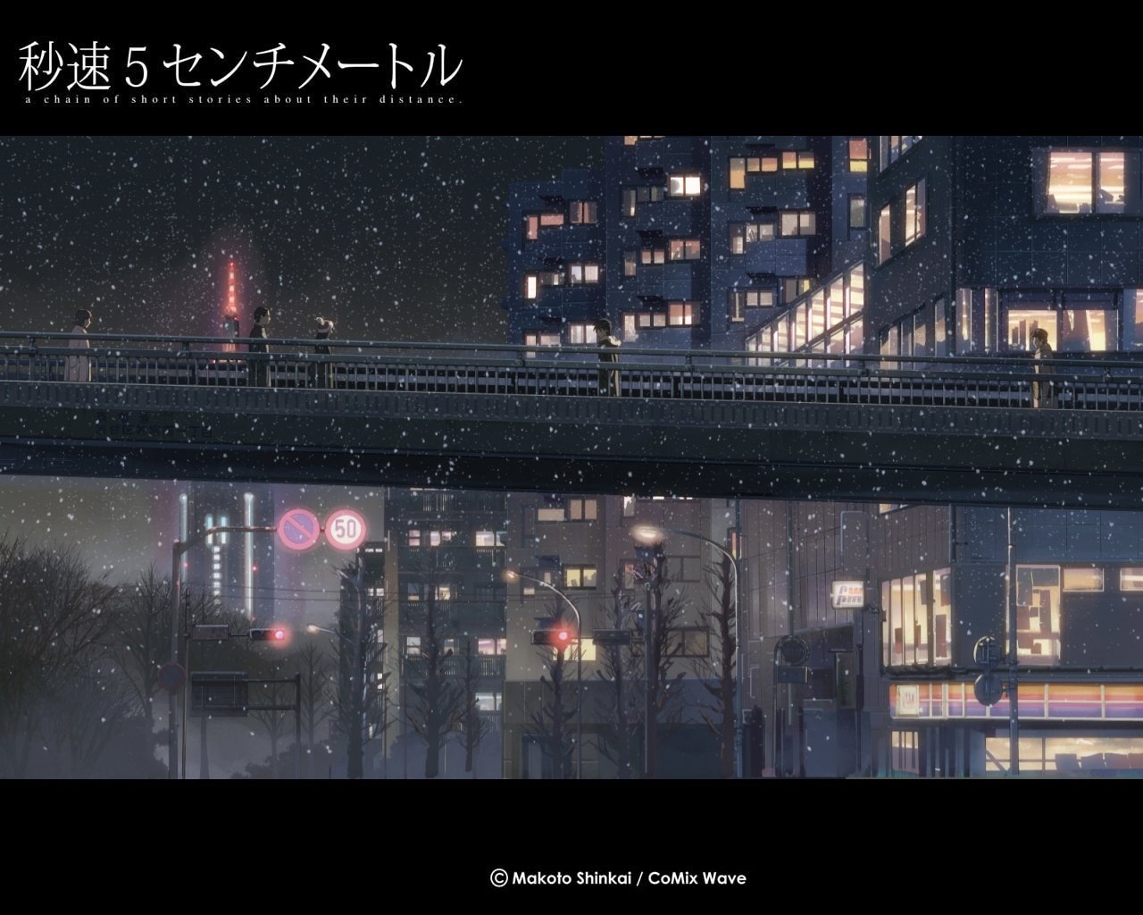 A serene nighttime cityscape from the anime 5 Centimeters per Second, featuring a snow-covered bridge and illuminated buildings, evoking a sense of nostalgia and longing.