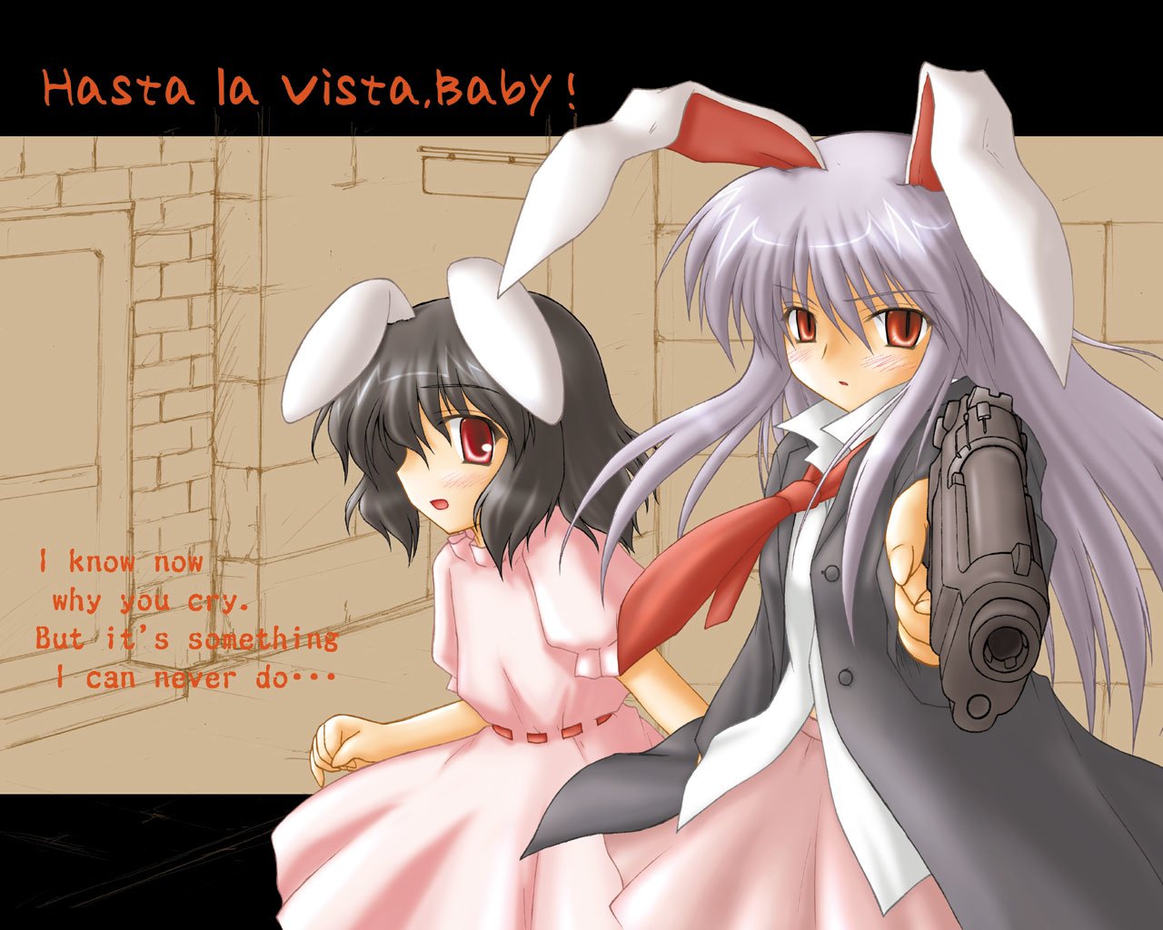Two anime characters, Tewi Inaba and Reisen Udongein Inaba from Touhou, feature prominently. Tewi holds a gun, while Reisen, dressed in a pink dress, looks concerned. The text reads Hasta la Vista, Baby!