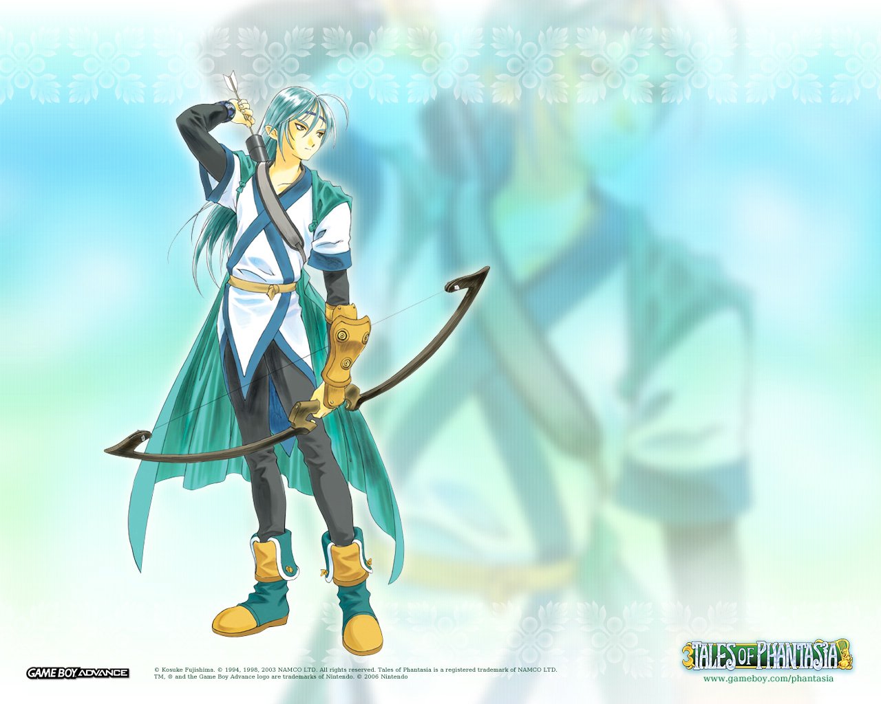Artwork of a character from the video game Tales Of Phantasia, featuring a blue-haired archer with a bow and green cape against a soft blue background.