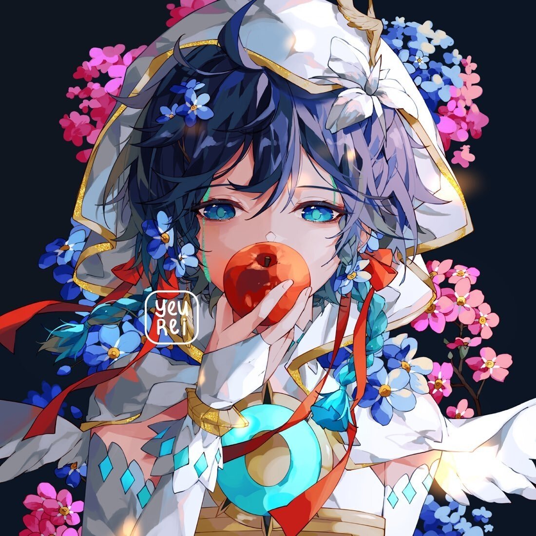 Artistic portrait of Venti from the video game Genshin Impact, featuring vibrant blue flowers and a red apple against a dark background.