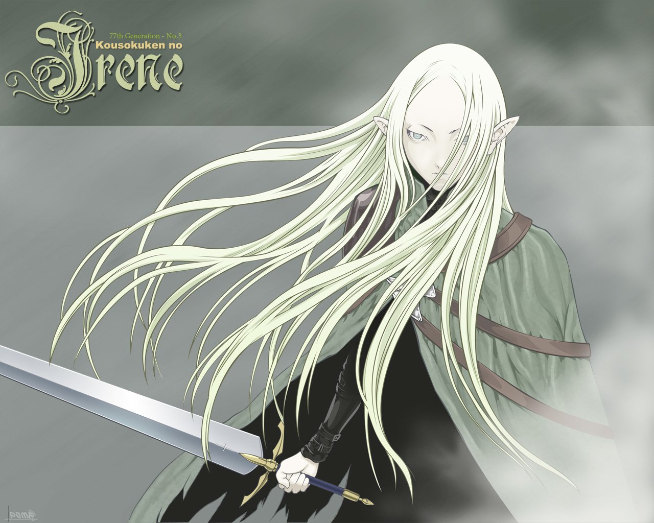 A character from the anime Claymore stands with long, flowing white hair and a sword, exuding a mysterious and powerful aura in a misty background.