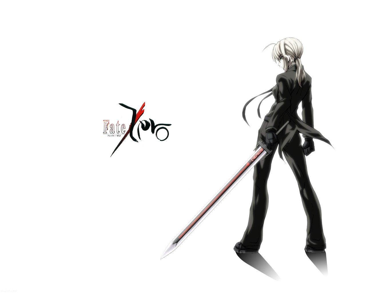 Saber from the Fate Series stands confidently, wielding her sword, embodying strength and elegance in this striking anime artwork from Fate/Stay Night and Fate/Zero.