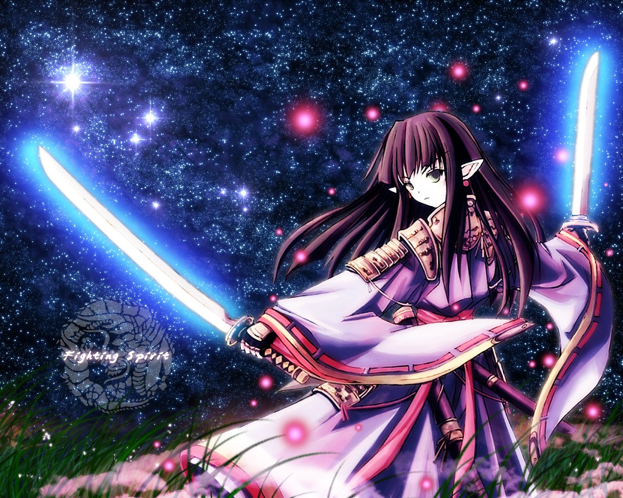 A determined woman in anime style wields two glowing blue swords against a starry purple space backdrop, embodying a powerful fighting spirit.