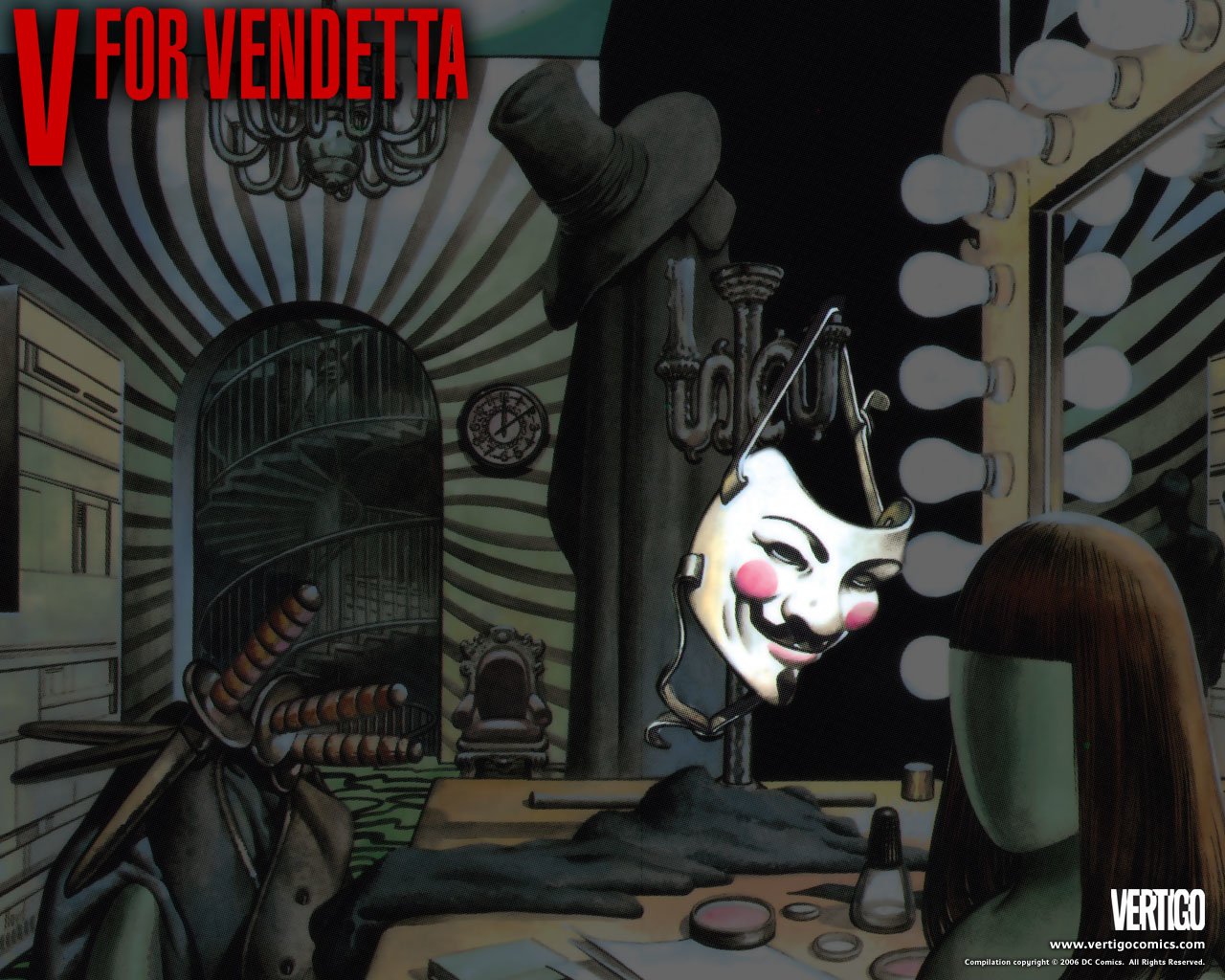 Illustration inspired by the movie V for Vendetta featuring the iconic Guy Fawkes mask hanging in a dressing room with a surreal, stylized background.