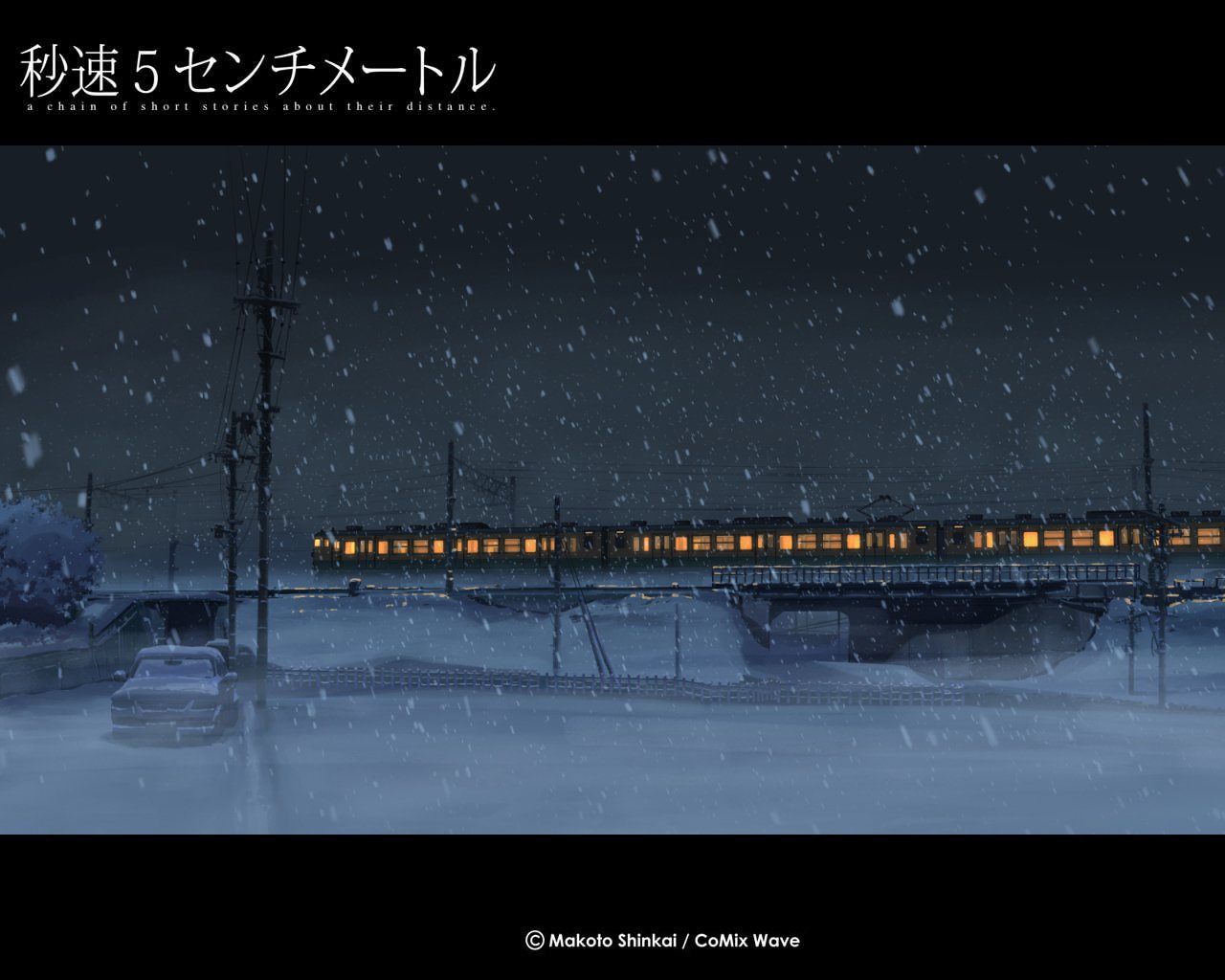 A serene winter scene from the anime 5 Centimeters per Second, featuring a train illuminated against a snowy landscape, evoking a sense of nostalgia and tranquility.