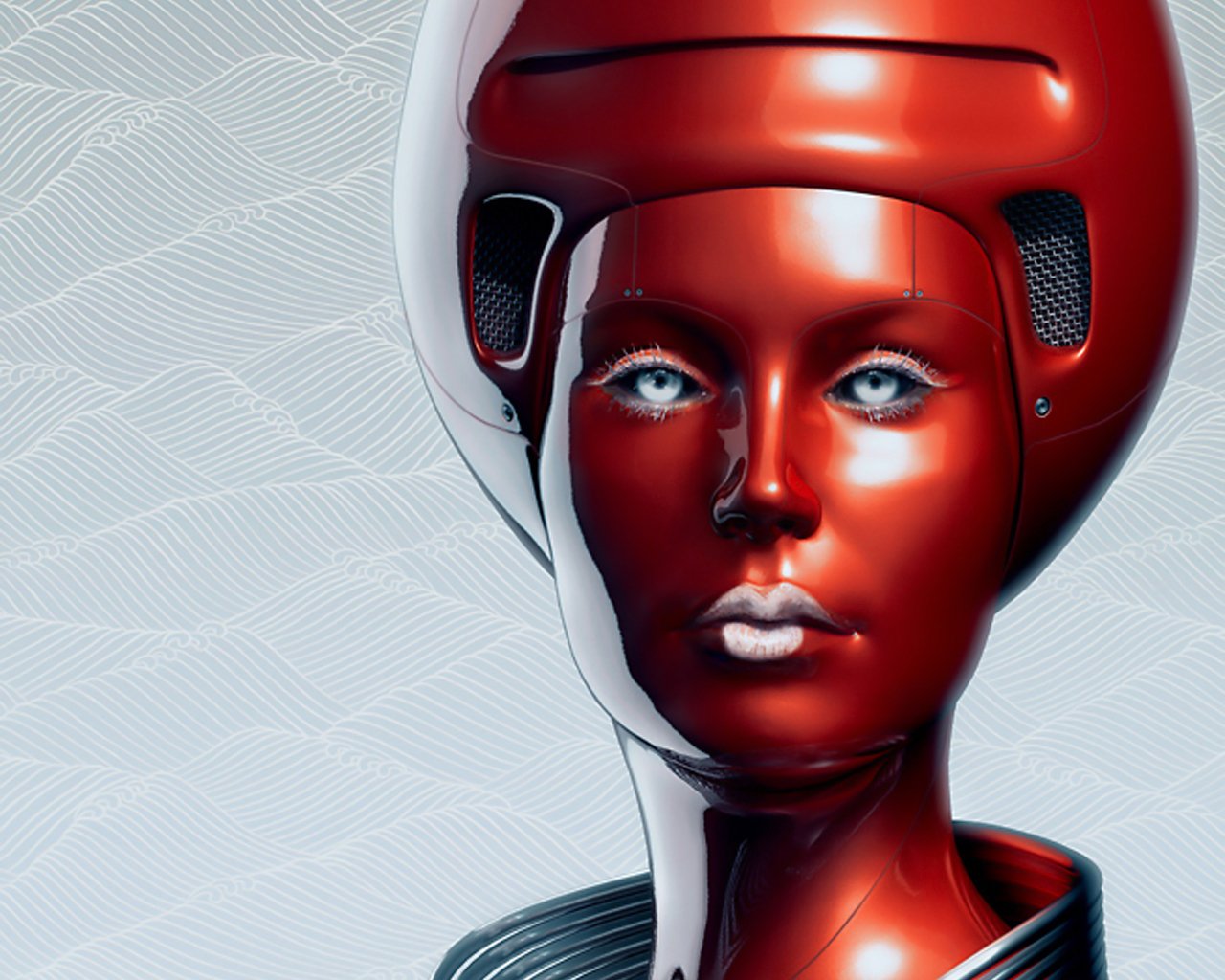 A futuristic cyborg with a sleek, shiny red exterior and striking blue eyes, set against a textured light background, embodying elements of sci-fi aesthetics.