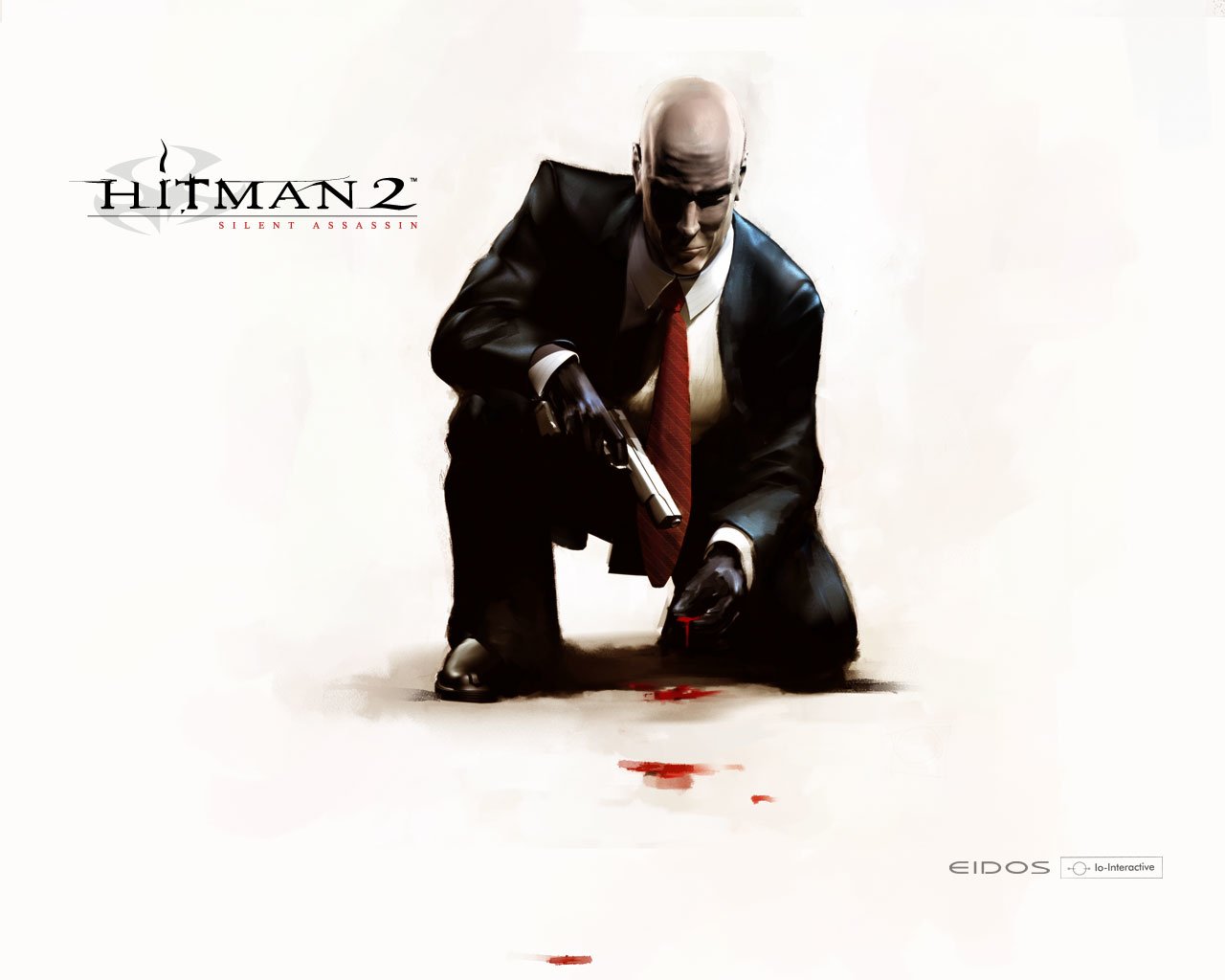 A character from the video game Hitman 2: Silent Assassin kneels with a gun in hand, examining a trail of blood on the floor, embodying the game’s stealth and intrigue.