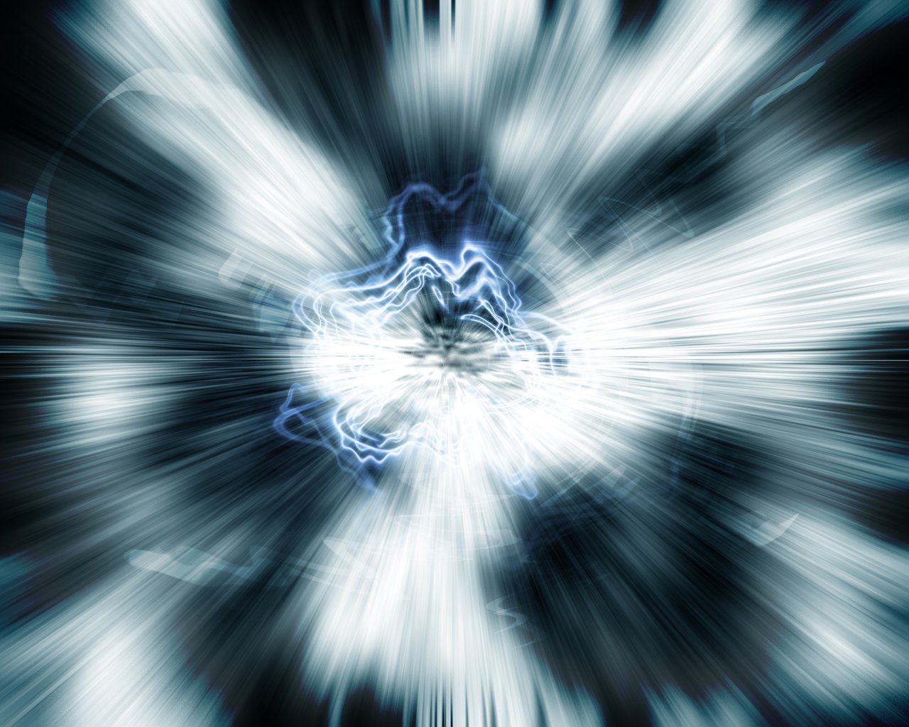 An abstract composition featuring vibrant blue hues radiating outward, creating a dynamic sense of movement and energy against a dark background.