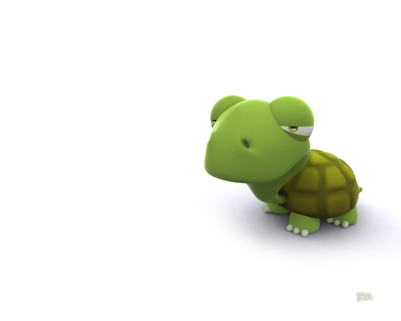 A cute, cartoon-style tortoise sits against a plain white background. Its vibrant green shell and curious expression add a playful touch to this animated animal depiction.