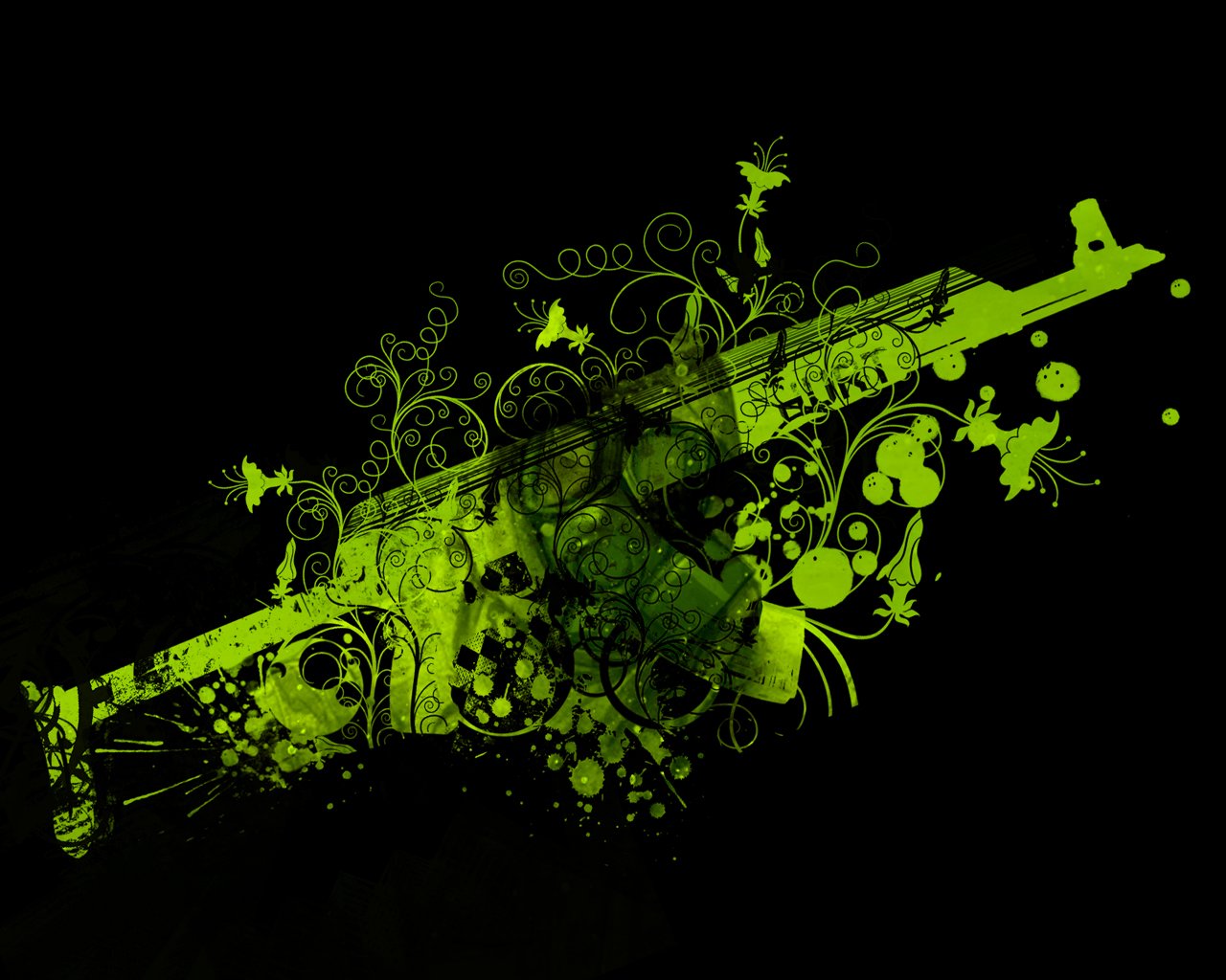 A vibrant green artistic depiction of a military rifle surrounded by intricate, swirling patterns and splashes, set against a black background.