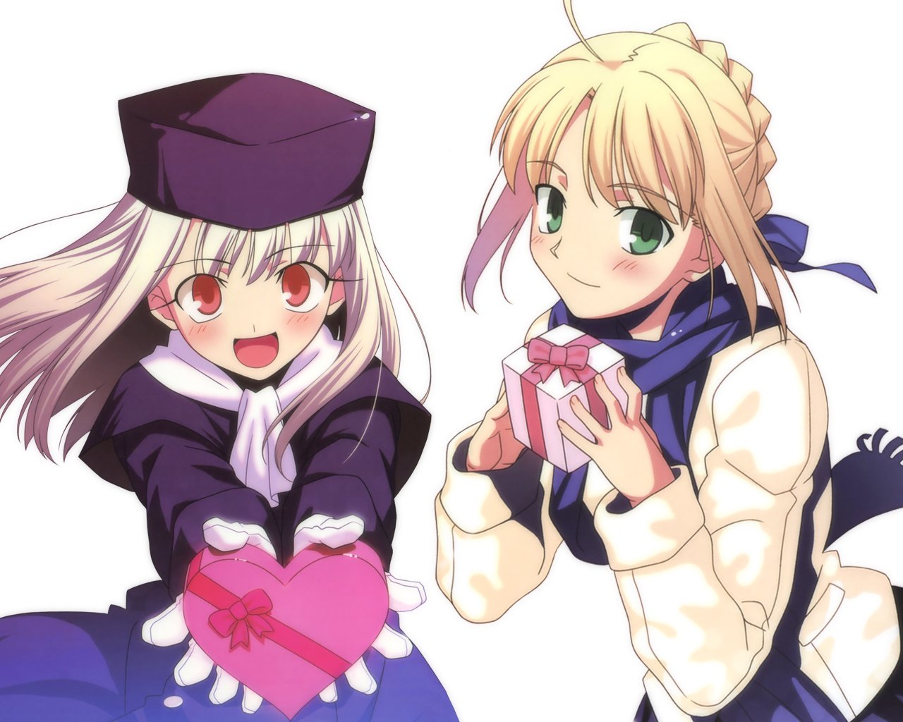 Saber and Illyasviel Von Einzbern from the Fate Series smile together, with Illyasviel holding a heart-shaped gift and Saber presenting a wrapped present, showcasing their playful friendship.