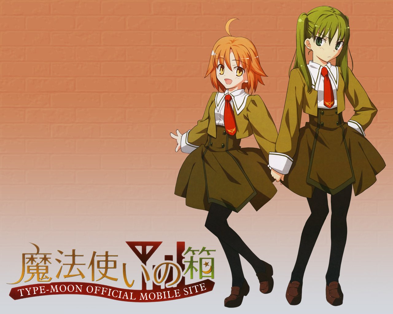 Anime — Witch On The Holy Night: two young witches in brown school uniforms, one orange-haired and one green-haired, holding hands in front of a pale brick background.