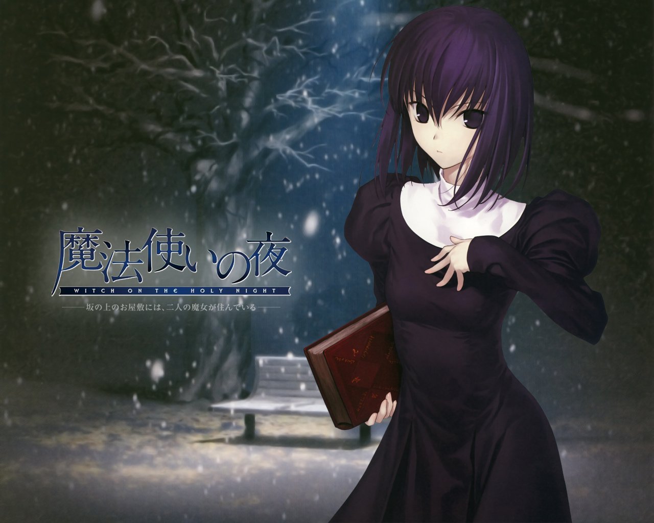 Anime art from Witch On The Holy Night features a dark-haired girl in a black dress holding a book, standing in a snowy, nighttime outdoor setting.