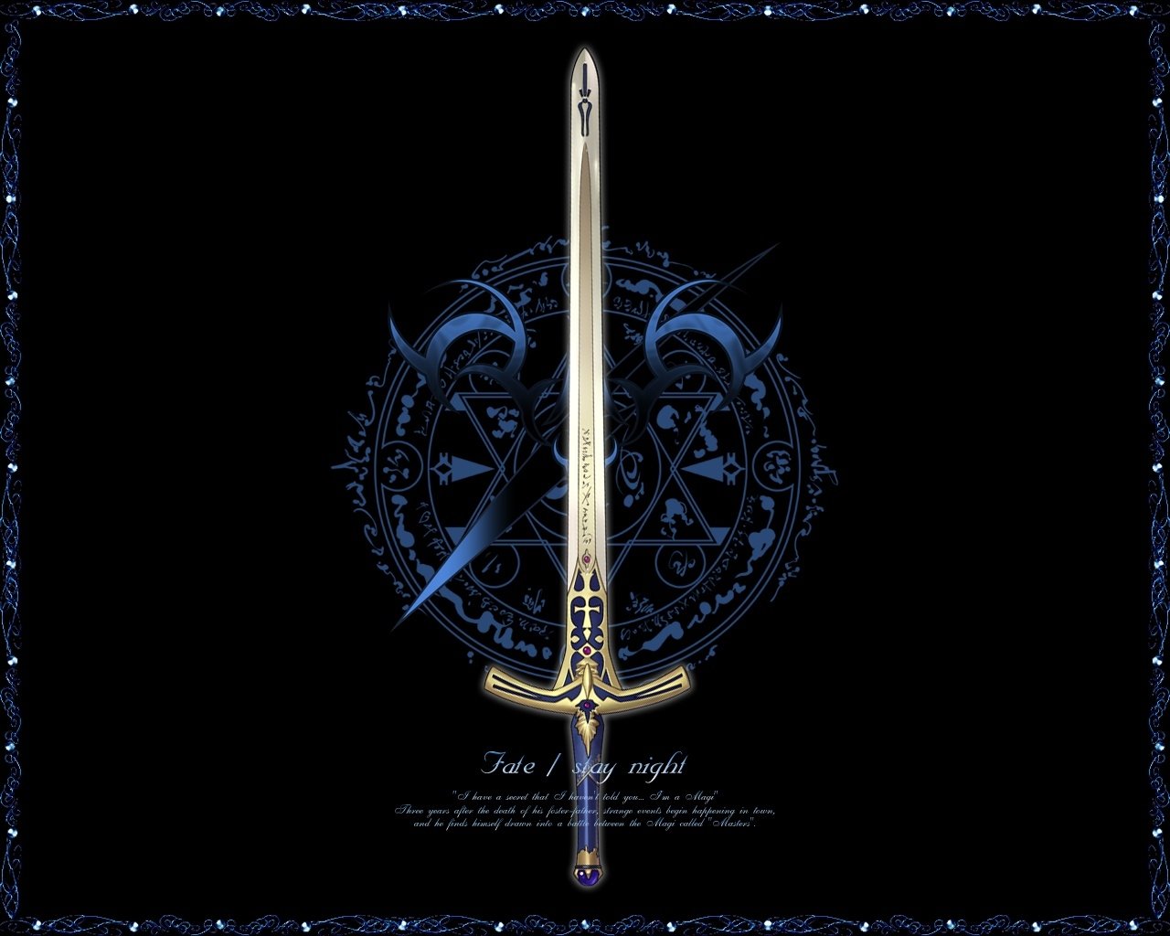 A beautifully designed sword, centered against a dark background with intricate blue patterns, inspired by the anime Fate/Stay Night, conveying a sense of power and mystique.
