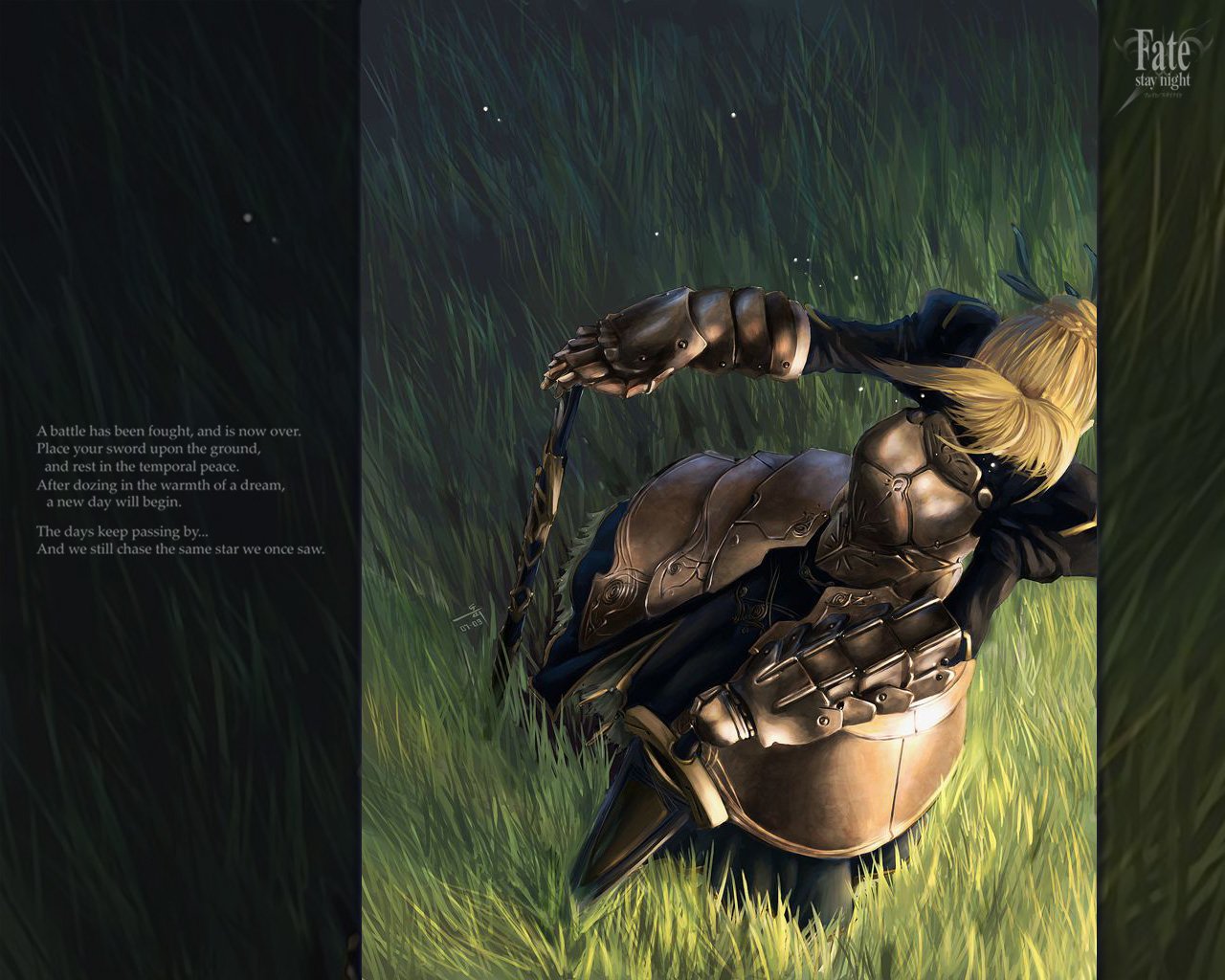 An illustrated scene of Saber from the Fate Series lying in tall grass, embodying a moment of introspection and strength, characteristic of Fate/Stay Night's captivating narrative.