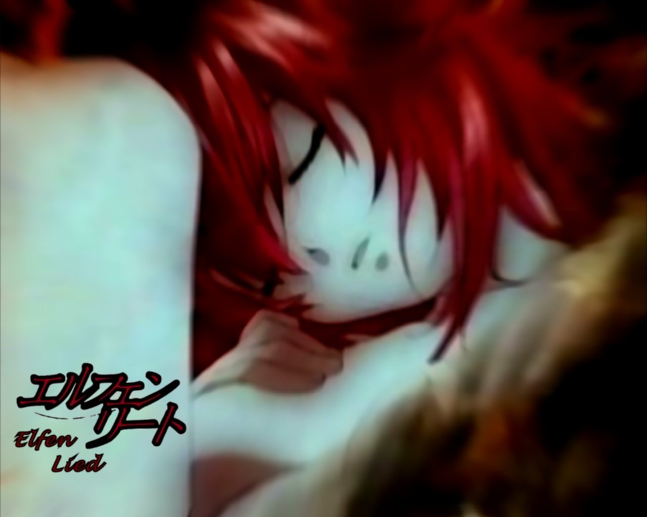 A serene image of Lucy from the anime Elfen Lied, featuring her with vibrant red hair, resting peacefully. The title Elfen Lied is subtly included in the corner.