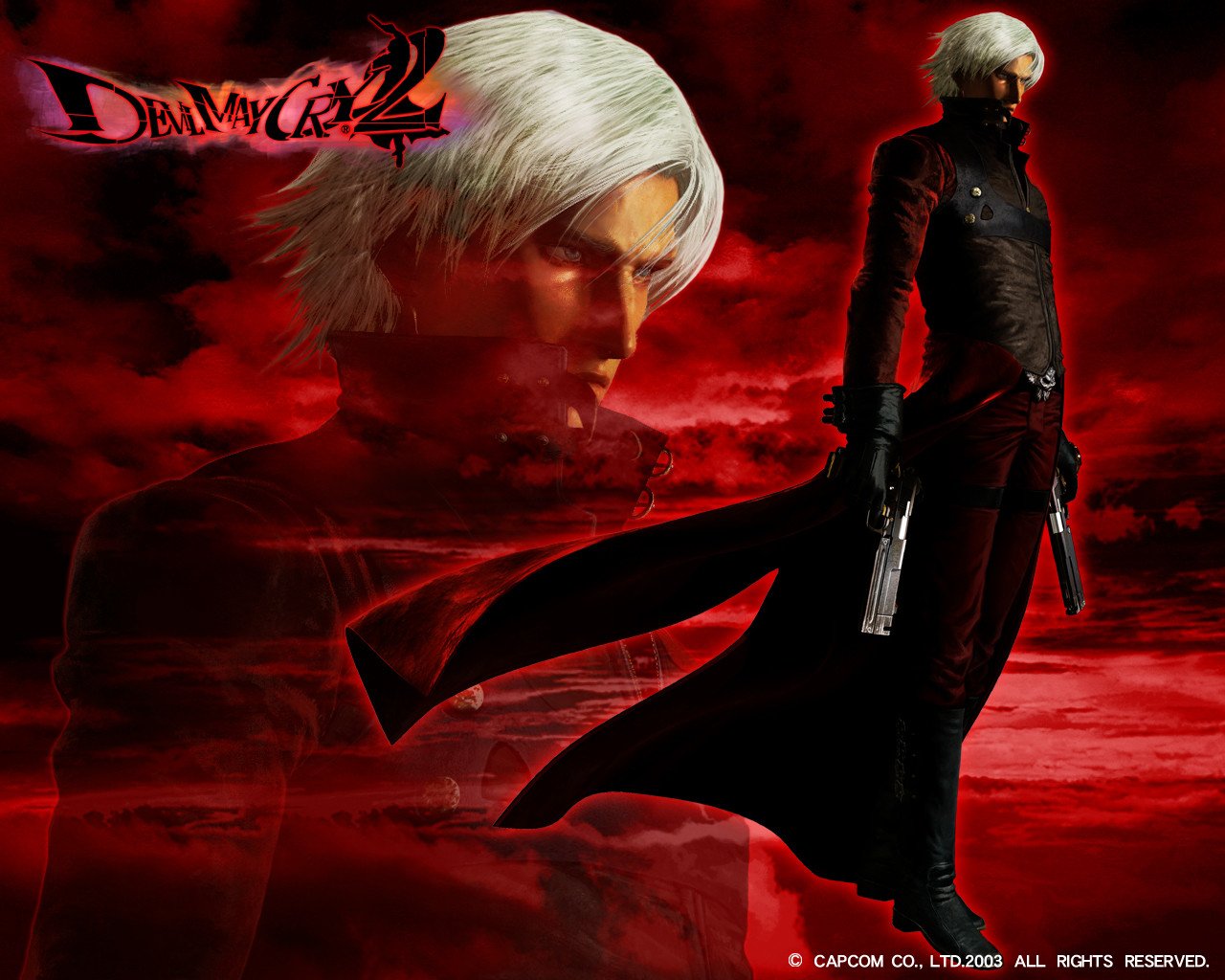 A dramatic scene from the video game Devil May Cry 2, featuring the character Dante in a striking pose against a red, moody backdrop. His white hair and dual pistols are prominent.
