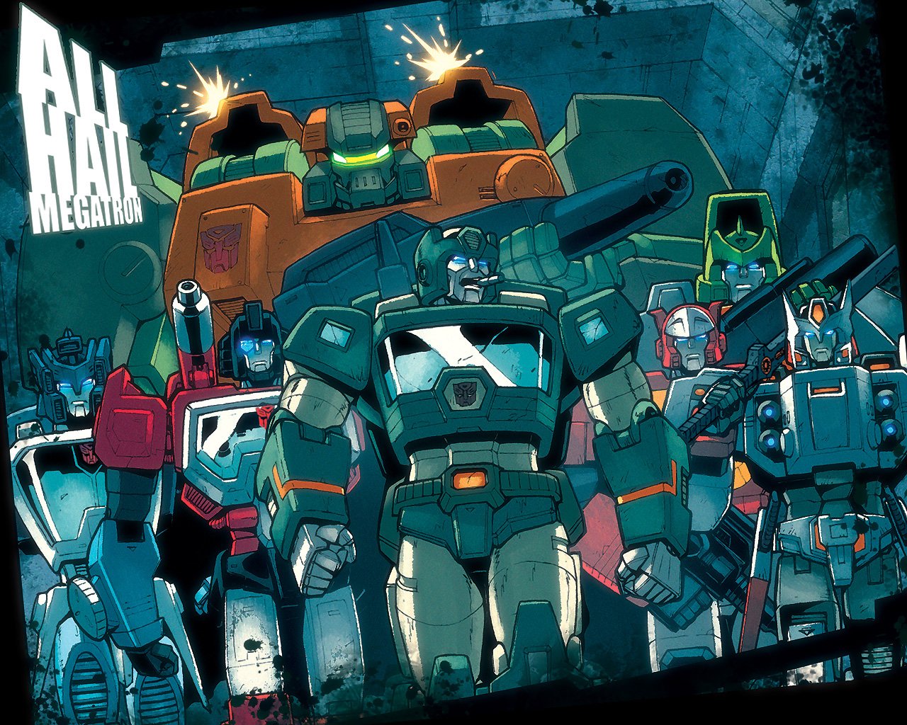 A dynamic comic illustration featuring Transformers characters, showcasing a group of robots in an action-packed scene with powerful visuals and vibrant colors.