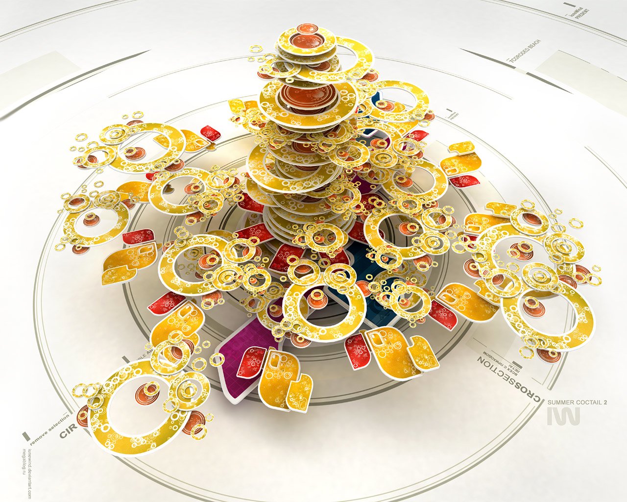 A vibrant, artistic vector design featuring layered circular shapes in yellow, orange, and red, creating a dynamic, three-dimensional structure against a subtle background.