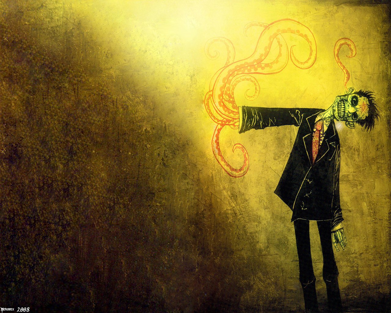 An illustration from the comic Wormwood: Gentleman Corpse, featuring a zombie in a suit, extending its arm with swirling tentacles against a dark, atmospheric background.