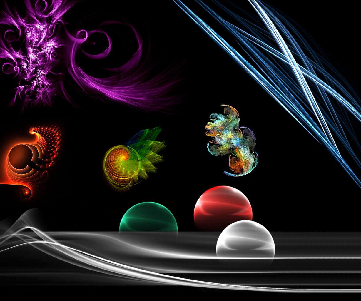 An abstract composition featuring colorful swirling forms and spheres, set against a dark background, with dynamic lines adding a cool, energetic vibe.