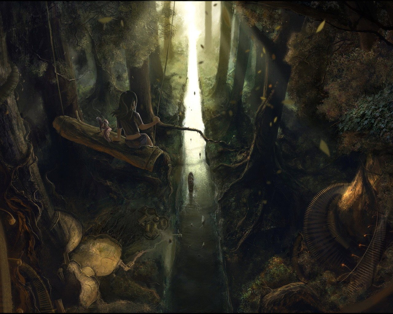 A mystical forest scene bathed in soft light, featuring a winding path and ethereal figures amidst lush greenery and vibrant, fantastical elements.