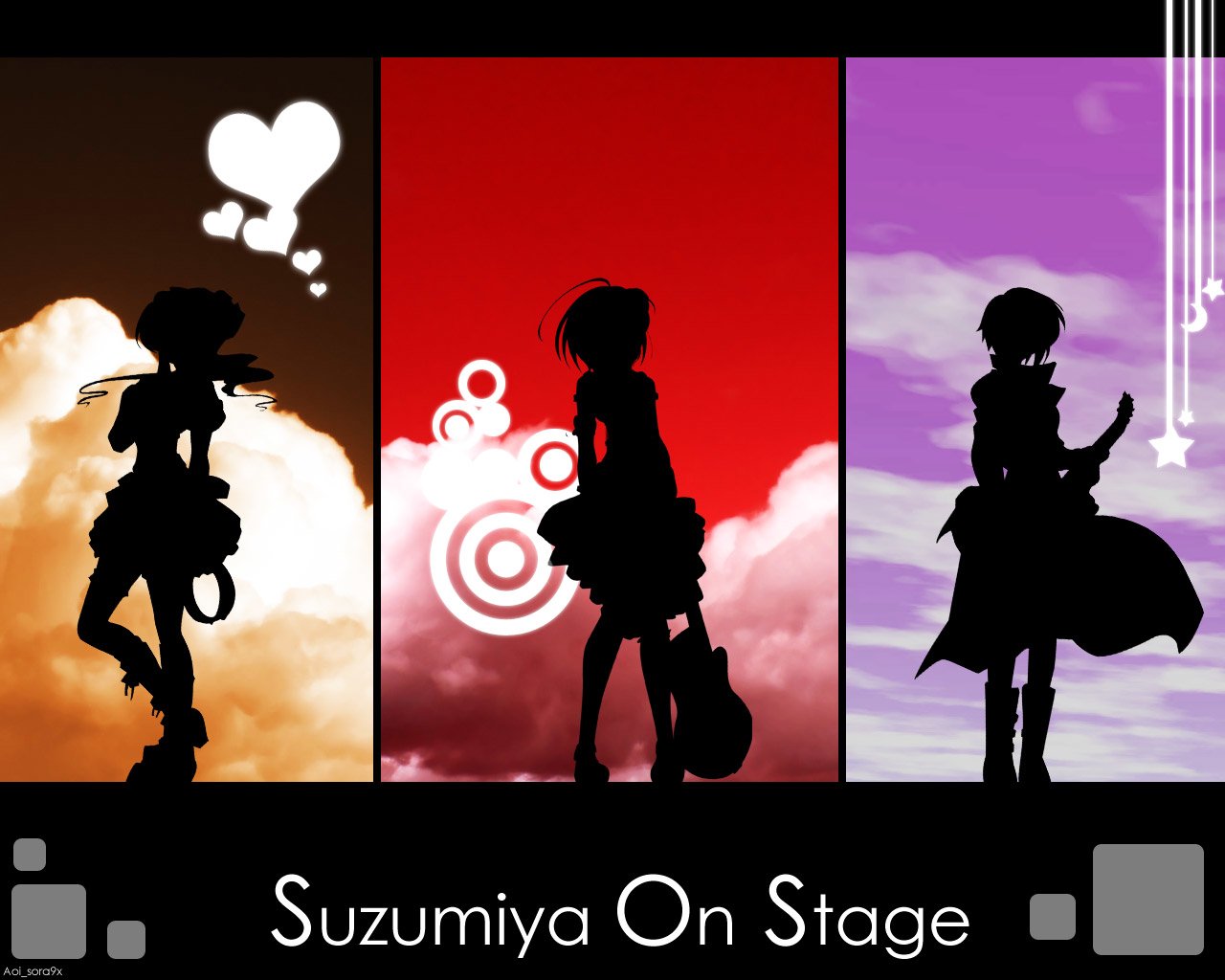 Silhouettes of Mikuru Asahina, Yuki Nagato, and Haruhi Suzumiya from The Melancholy of Haruhi Suzumiya, set against vibrant backgrounds, embodying the series' iconic themes.