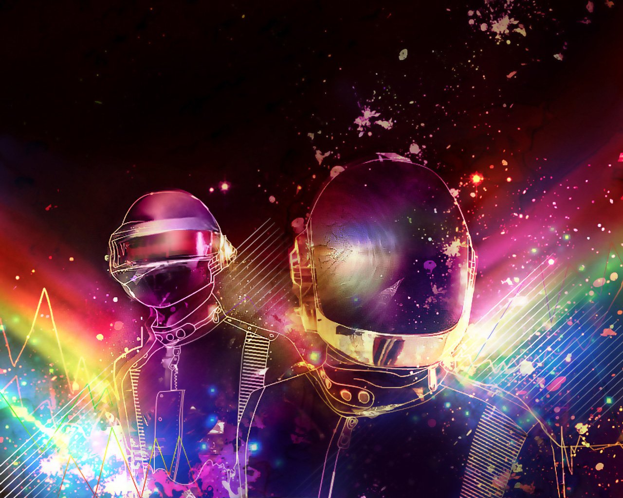 Two stylized figures wear futuristic helmets, surrounded by vibrant colors and abstract shapes, embodying the essence of Daft Punk's iconic music and artistic vision.