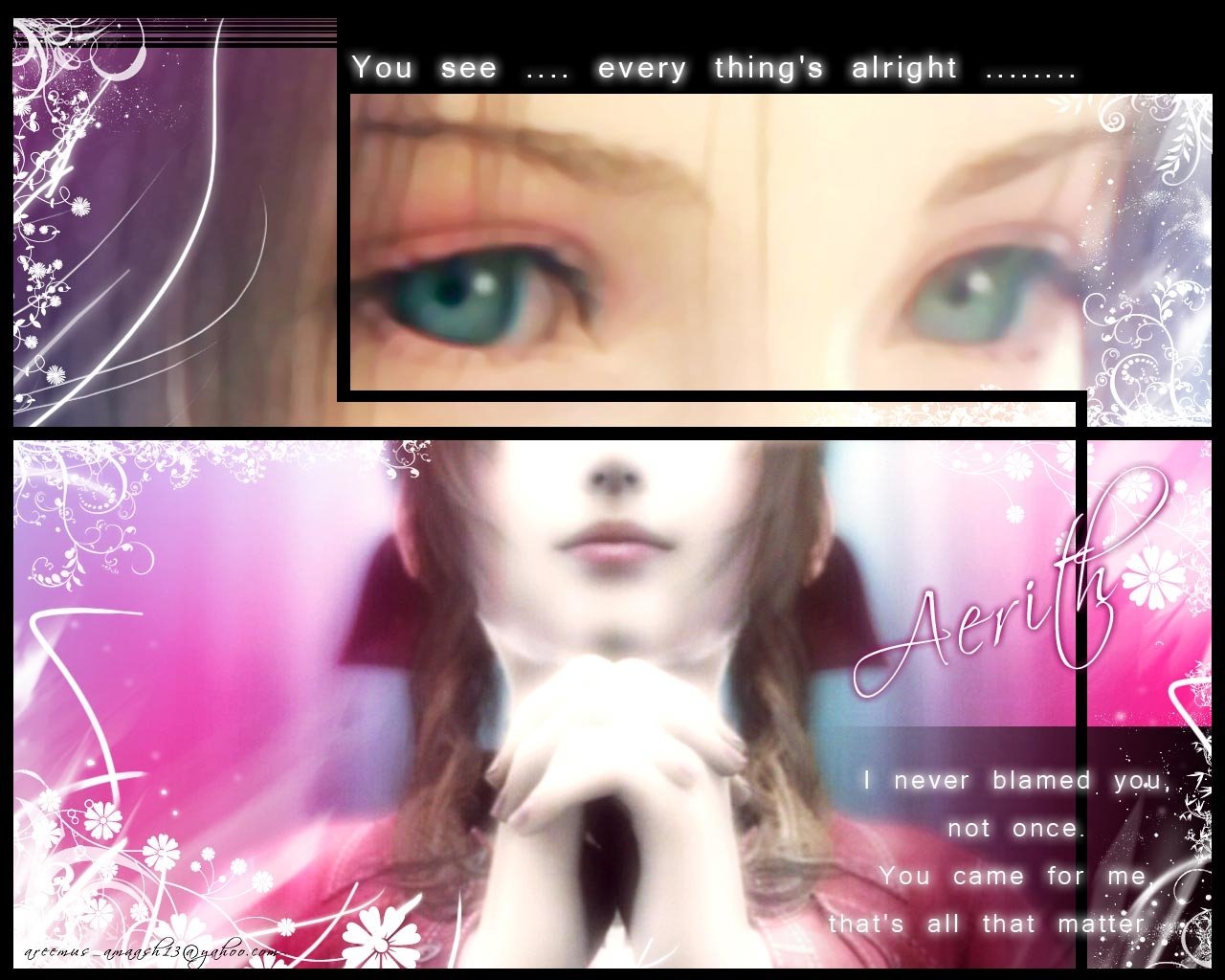 Soft-focus anime portrait of Aerith Gainsborough from Final Fantasy VII: Advent Children — close-up on her green eyes and clasped hands against a pink, floral, dreamy background.