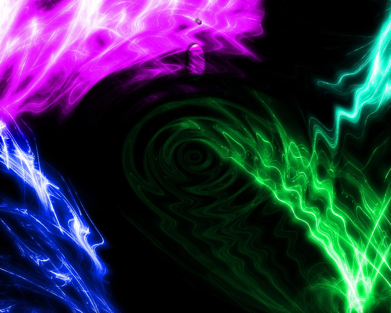 An abstract composition featuring vibrant pink, green, and blue light trails against a dark background, creating a cool, dynamic visual energy.